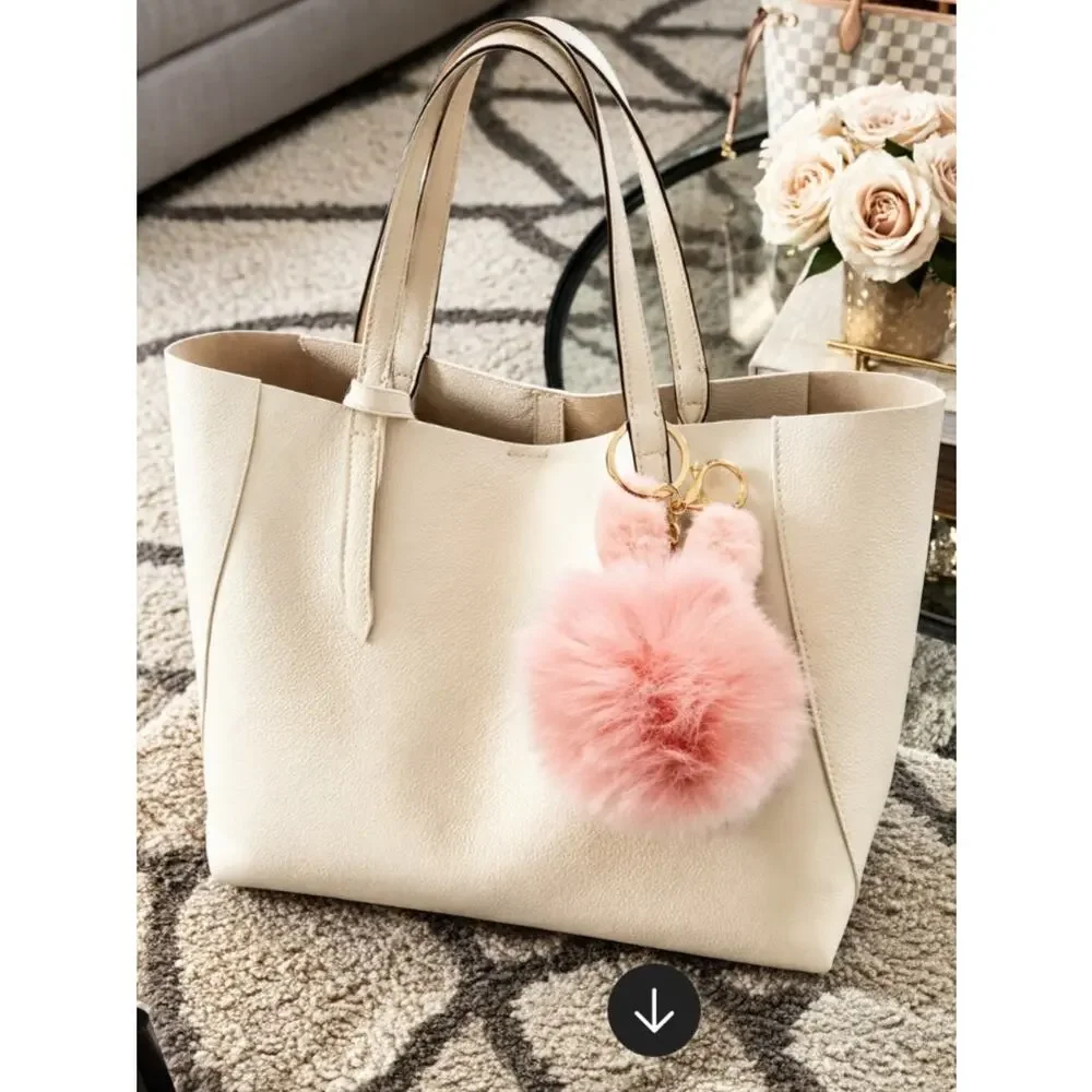 Pink Fur Pom Pom Bunny Ears Bag Charm Key Chain
